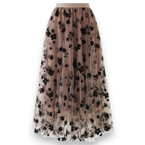 High Waist Floral Mesh Layer Midi Skirt with sheer floral overlay, layered flow and elastic waistband brown 