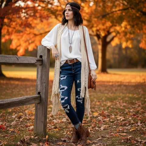 Boho Western Crochet Fringe Cardigan Vest sleeveless open front crochet layer in ivory burgundy red or dark gray