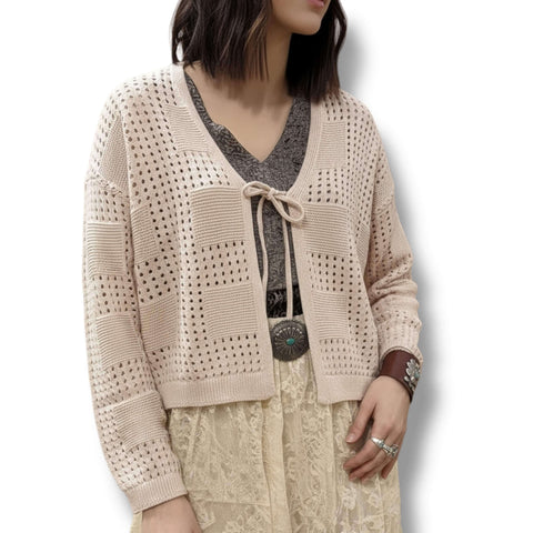 Beige Long Sleeve Crochet Cardigan Sweater boho western vibe