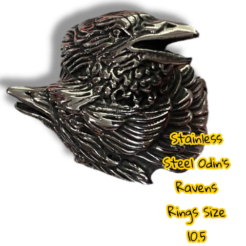 Stainless Steel Raven's Ring featuring twin Odin ravens Huginn and Muninn, matte silver Viking biker ring in Nordic gothic style