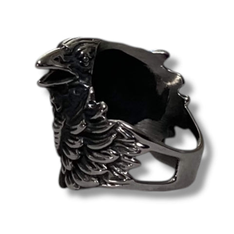 Stainless Steel Raven's Ring featuring twin Odin ravens Huginn and Muninn, matte silver Viking biker ring in Nordic gothic style