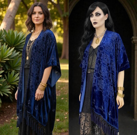 Dark blue fringe velvet duster kimono jacket in Midnight Indigo with embroidered Celtic knot design, open front, relaxed sleeves, and tassel fringe trim