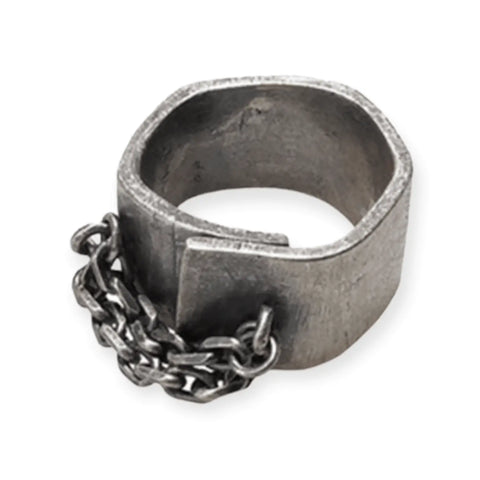 Industrial Chain Wide Band Ring in antique silver stainless steel with draped chain flat lay