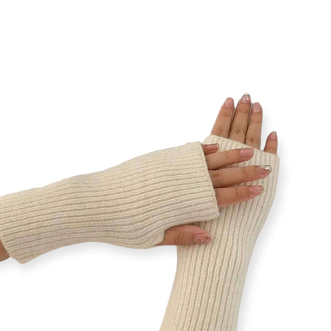 Cozy wool knit arm warmer gloves in ivory and brown with ribbed texture and thumb hole design