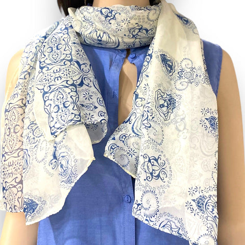 Blue Floral Print Long Scarf neck wrap, waist sash, headscarf, and more one size 