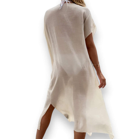 boho beige crochet colorful cover-up beach dress with multicolor floral panels