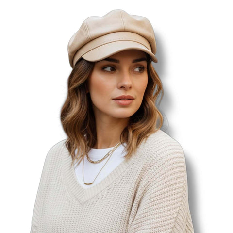 Faux Leather Retro Newsboy Cap Stone Beige Newsboy Cap on model in minimalist style