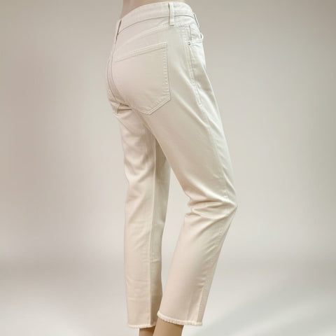 Mid Rise Ivory Straight Leg Distressed Jeans fray hemline