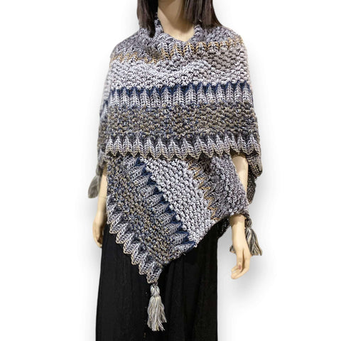 Boho multicolor knit tassel poncho shawl with open front drape and colorful loom-knit crochet detailing, one size medium to 2X, handmade in the USA