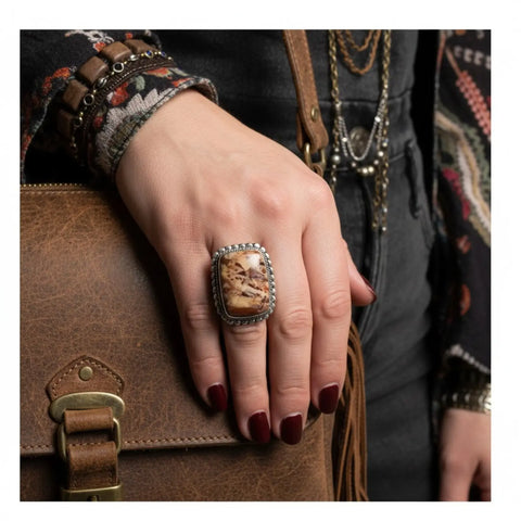 Custom Picture Jasper statement ring with rectangular earth-tone stone, twisted silver rope bezel and scalloped edge 8.75