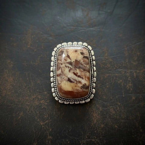 Custom Picture Jasper statement ring with rectangular earth-tone stone, twisted silver rope bezel and scalloped edge 8.75