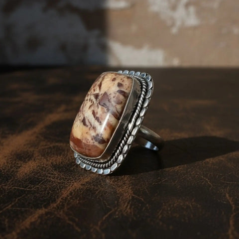 Custom Picture Jasper statement ring with rectangular earth-tone stone, twisted silver rope bezel and scalloped edge 8.75