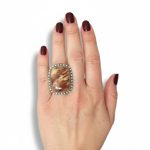 Custom Picture Jasper statement ring with rectangular earth-tone stone, twisted silver rope bezel and scalloped edge 8.75