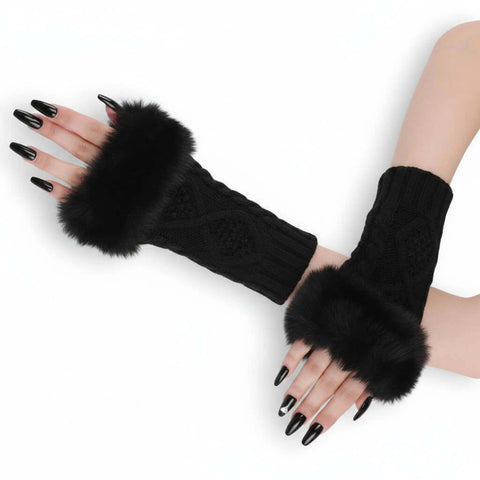 Knitted Fur Cuff Fingerless Gloves in black or light gray with chunky cable knit and oversized faux fur trim