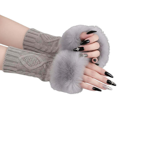 Knitted Fur Cuff Fingerless Gloves in black or light gray with chunky cable knit and oversized faux fur trim