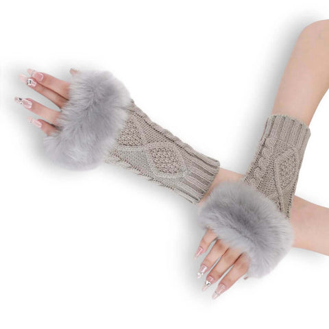Knitted Fur Cuff Fingerless Gloves in black or light gray with chunky cable knit and oversized faux fur trim