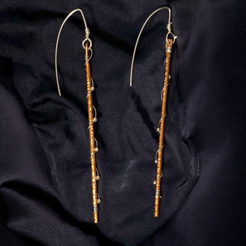 Artisan Silver Threader Long Copper Earrings wrapped in sterling silver with elongated hooks, handmade in the USA