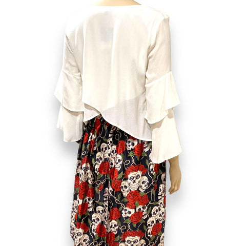 TopShop White Lattice V-Neck Ruffled Long Flowing Sleeves Wrap Back Blouse - Small