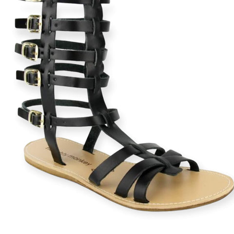 Black Leather Tall Ankle Gladiator Sandals