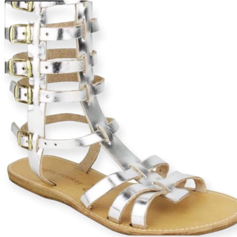 Metallic Silver Leather Tall Gladiator Sandals