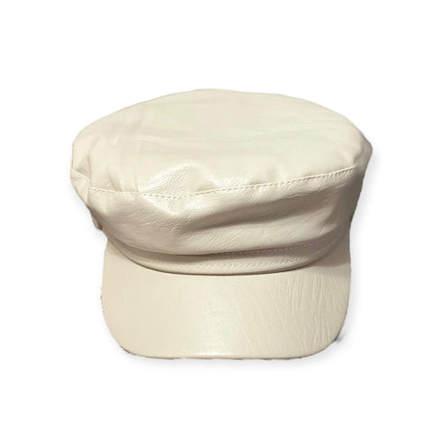 Beige Faux Leather Flat Top Newsboy Cap for Women - Wild Time Fashion