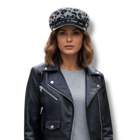 Cheetah Print Flat Top Military Cap Newsboy cap with braided band, Faux Leather curved stiff brim animal print adjustable one size