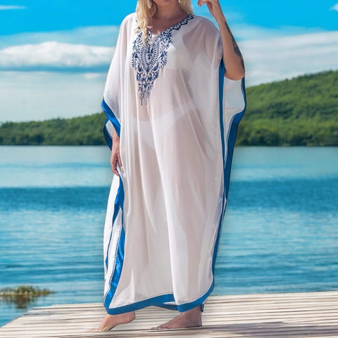White blue embroidery kaftan beach cover up dress with royal blue embroidered V-neck and side split hemline, boho summer resort fashion.
