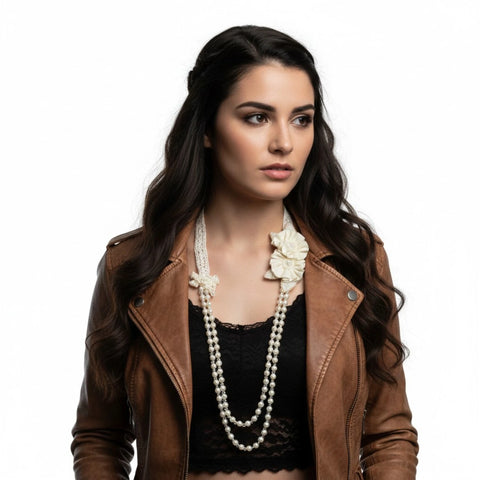 Ivory Pearl Long Necklace Floral Corsage - ivory / One Size / Female - Women’s Necklaces