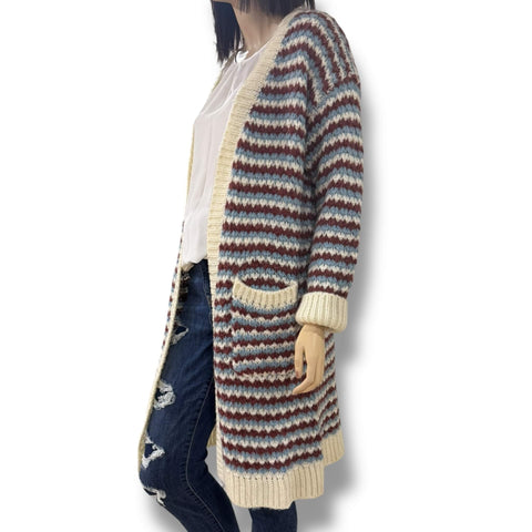 long striped knit cardigan jacket with pockets in ivory blue and brick red chunky crochet style