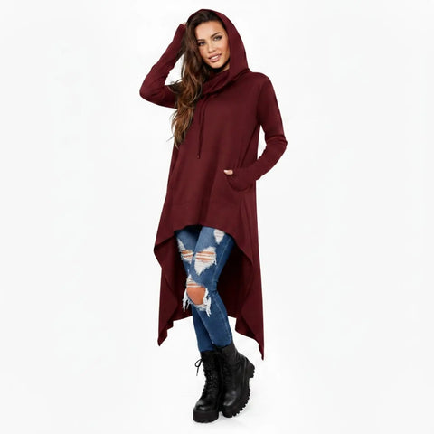 Long Sleeve Asymmetrical Cowl Hoodie - Long Sleeve Asymmetrical Hoodie / dark red / XL - Hoodies
