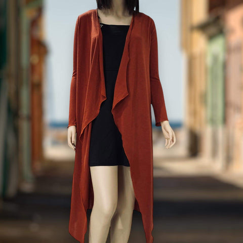 Rustic brown draped open front long sleeve cardigan with waterfall panels and asymmetric longline duster hem in soft stretch jersey knit, women’s size small