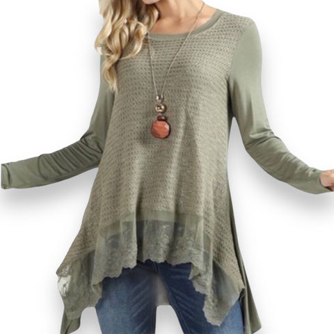 Sage green long sleeve tunic top with asymmetrical handkerchief hem and floral lace trim