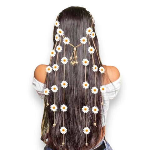 Long Sunflower Headband Hair Crown in white with cascading flowers, braided cords and wood beads