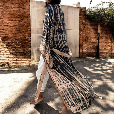 Boho tie dye cotton long kimono cover up with sash tie waist, tan and blue colorway, breezy summer cover up