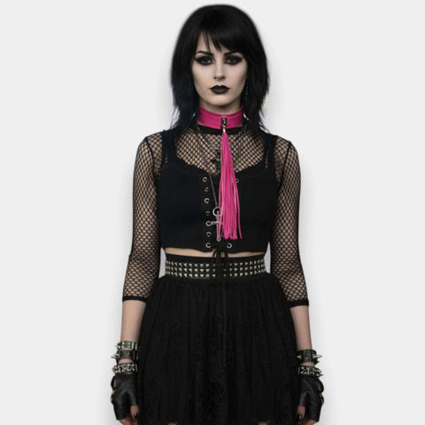  Long Tassel Wide Buckle Choker silver hardware hot pink or red faux leather with silver hardware and fringe tassel