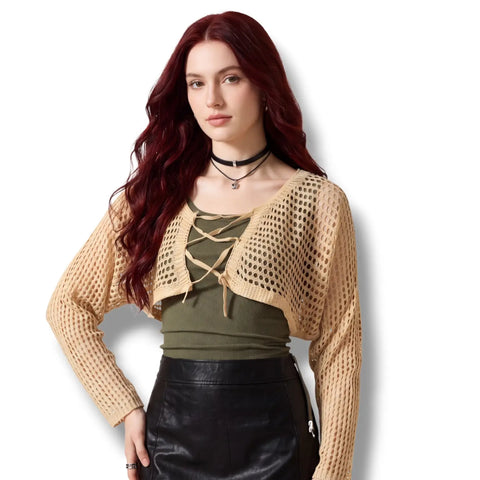 Long sleeve crochet bolero shrug with semi-sheer hollow knit, tie front and cropped fit tan / women's 