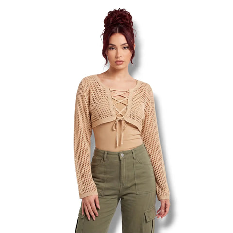 Long sleeve crochet bolero shrug with semi-sheer hollow knit, tie front and cropped fit tan / women's 