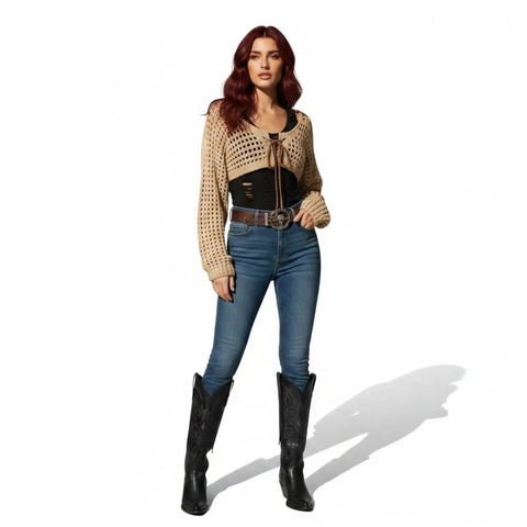 Long sleeve crochet bolero shrug with semi-sheer hollow knit, tie front and cropped fit tan / women's 