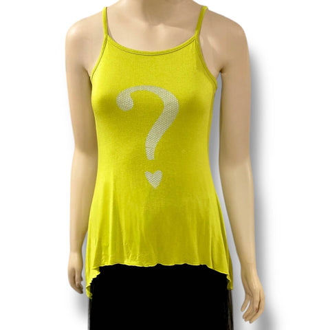 Lime green asymmetric tank top with silver question mark and heart graphic on front, shown sleeveless with hanky hemline. Perfect for Y2K summer attire