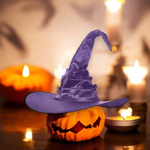 Tall wicked witch hat in purple with wide brim tall ruched pointed crown portable one size