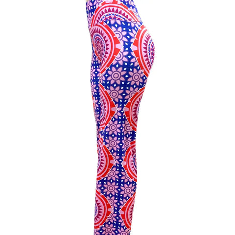 Mandala Pink Blue Fitted Pants with colorful geometric floral print, wide high-rise waistband and straight legs side view
