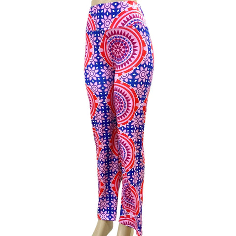 Mandala Pink Blue Fitted Pants with colorful geometric floral print, wide high-rise waistband and straight legs women's
