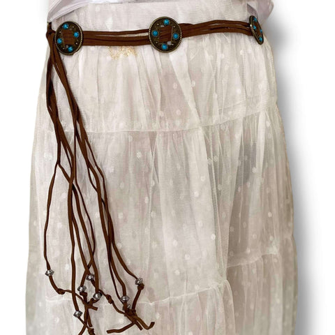 Round Medallion Braided Tassel Belt boho western adjustable brown brass turquoise aztec fringe belt