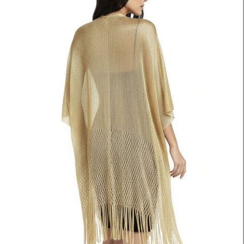 Metallic Fringe Duster Wrap Gold or Leopard gold mid length lightweight open front relaxed fit back view