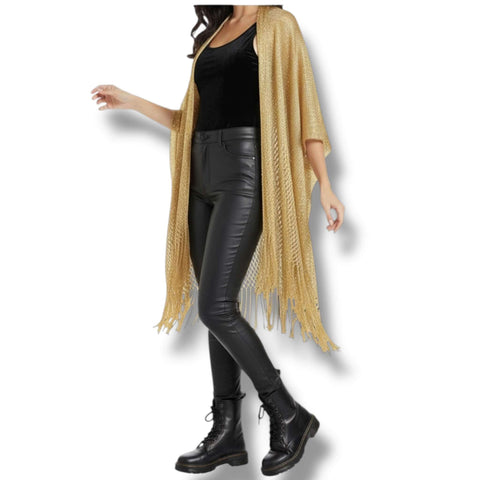 Metallic Fringe Duster Wrap Gold or Leopard gold mid length lightweight open front relaxed fit