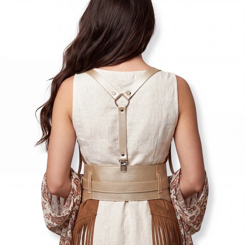 Metallic Gold Suspender Harness Corset Belt with removable shoulder straps and silver-tone buckle back view worn