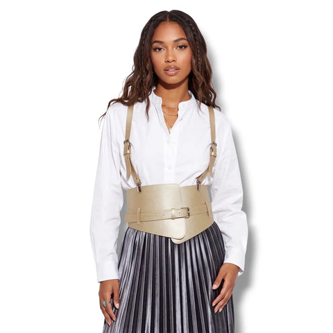 Metallic Gold Suspender Harness Corset Belt with removable shoulder straps and silver-tone buckle front worn