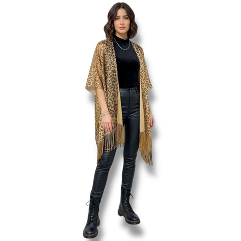 Metallic Fringe Duster Wrap Gold or Leopardgold brown leopard print mid length lightweight open front relaxed fit 