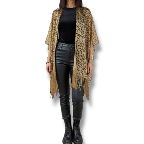 Metallic Fringe Duster Wrap Gold or Leopard brown leopard print mid length lightweight open front relaxed fit 