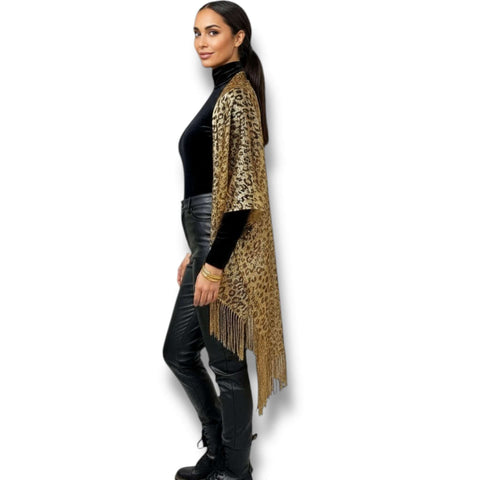 Metallic Fringe Duster Wrap gold brown leopard print mid length lightweight open front relaxed fit 